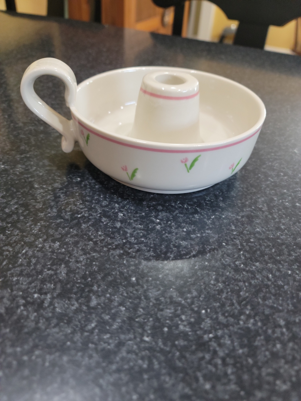 Vintage White Ceramic Chamberstick Candle Holder with Pink Floral Trim 1985